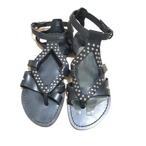 Mia Black Leather Gladiator Ankle Sandals Flats